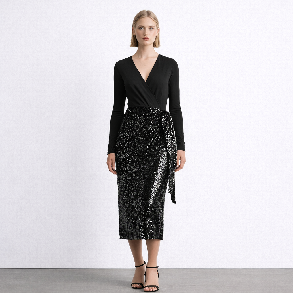 Aureline Sequin Wrap Long Sleeve Midi Dress-Black