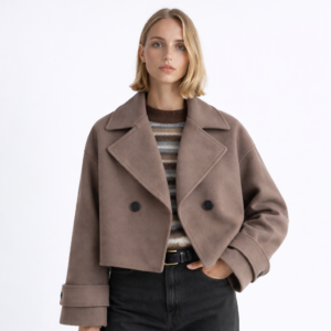 Veloura Cropped Double-Breasted Coat Jacket-Brown