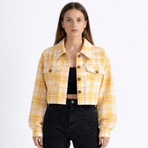 Flannel Plaid Wide Long Sleeve Collared Front Pocket Crop Jacket