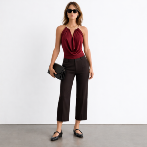 Alexandria Cowl Halter Drape Bodysuit-Wine