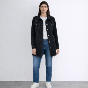 Emma Longline Black Denim Jacket-Black