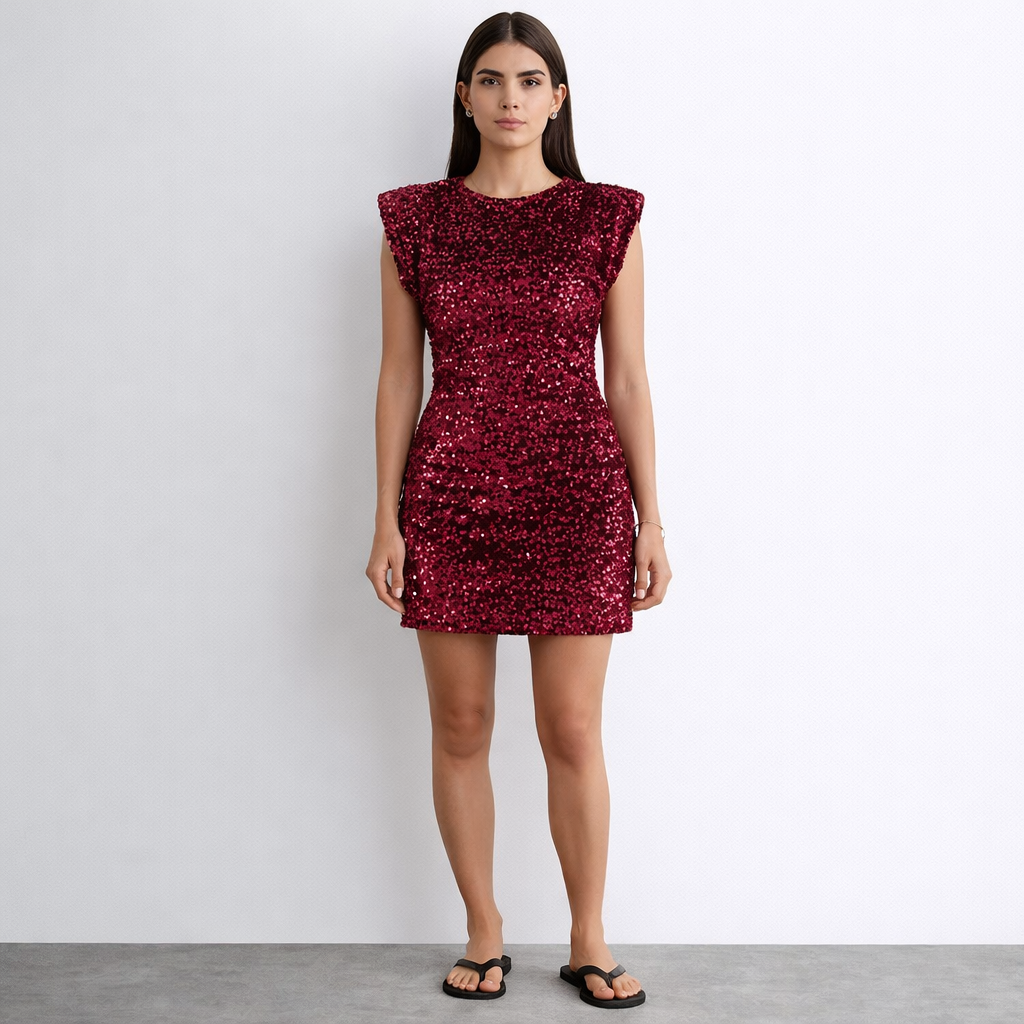 Seraphina Sequin Shoulder Pad Mini Dress-Wine