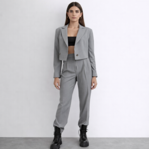 Shazia Cropped Button Detail Blazer Jacket-Grey