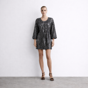 Verenna Sequin Batwing Belted Mini Dress-Silver