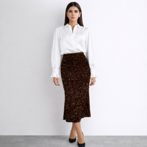 Vivi Sequin Velvet Flared Midi Skirt-Brown