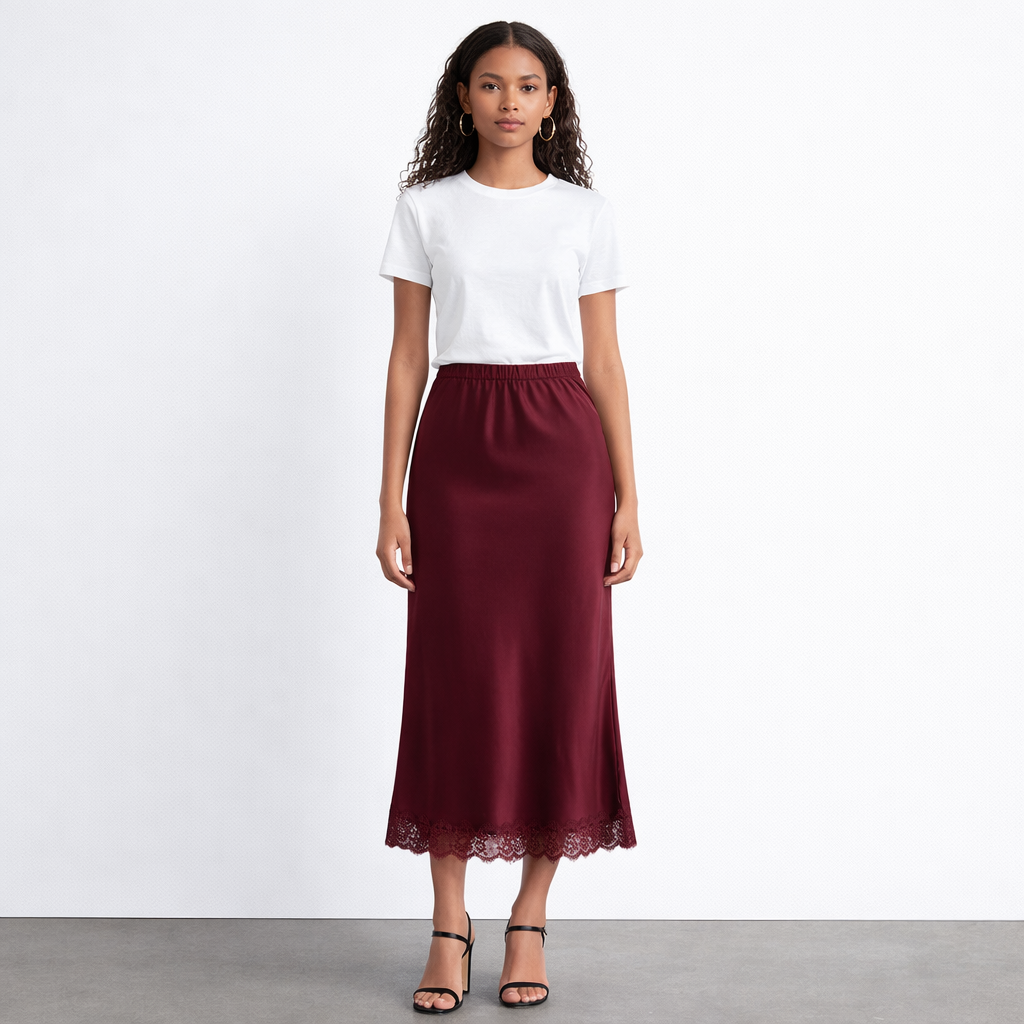 Zabrina Satin Lace Trim Midi Skirt-Wine