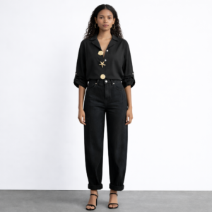 Zaria Jewel Button Shirt Blouse-Black