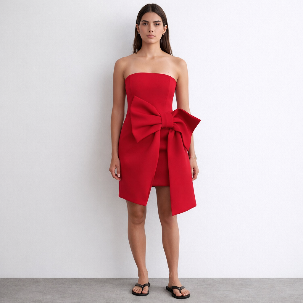 Zoya Bandeau “Bow” Scuba Dress-Red